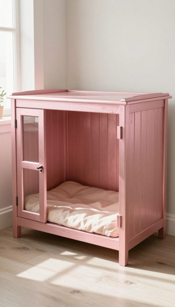 DIY rose gold painted wooden dog crate with plush cushion in a cozy home corner