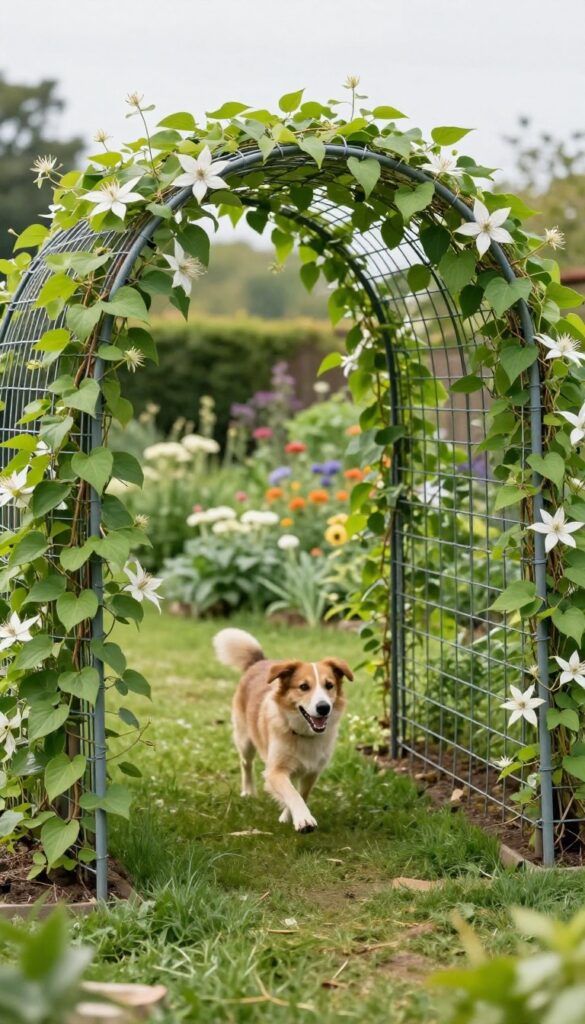 Cattle panel arch with climbing vines forming a tunnel for a dog run in a backyard garden
