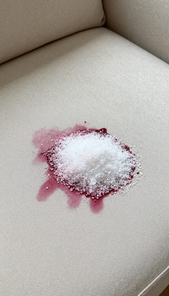 Red wine stain on a light beige couch being covered with salt for stain removal