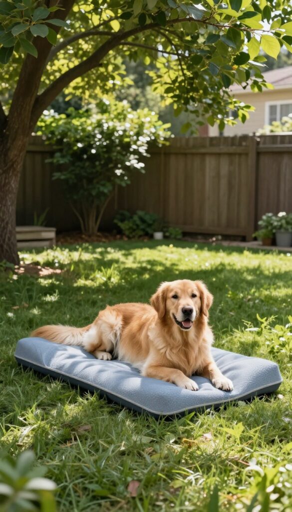 Golden Retriever resting on a cooling gel dog bed in a shady backyard