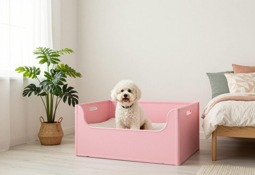Pink dog crate in a cozy home corner with bed and plants
