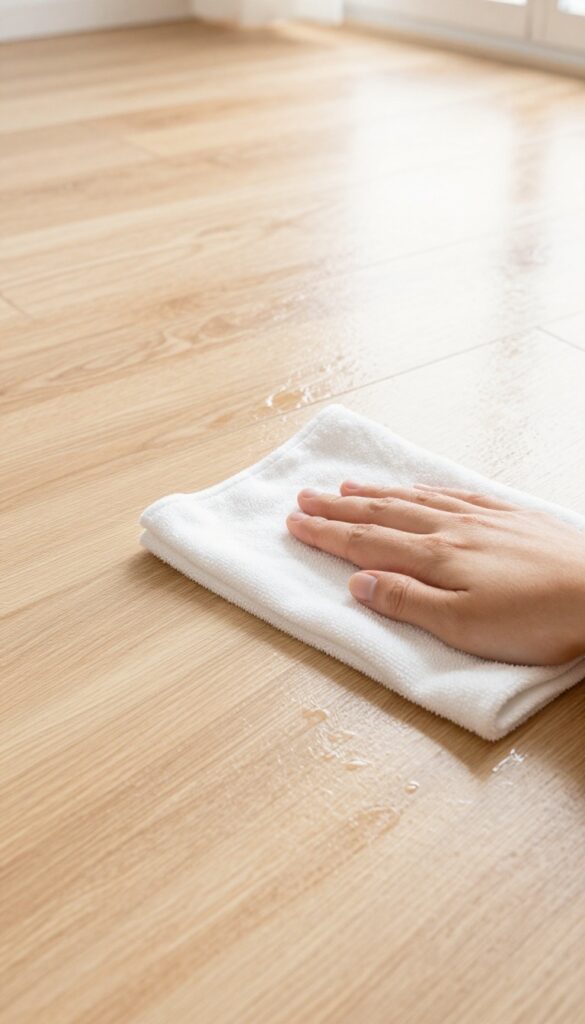 Hand buffing a damp laminate wood floor with a dry microfiber cloth to achieve a streak-free shine