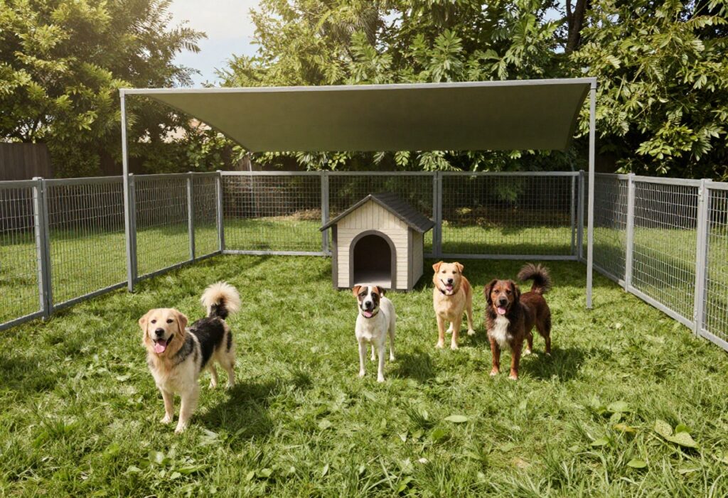 Outdoor dog kennel with multiple dogs playing in a grassy backyard