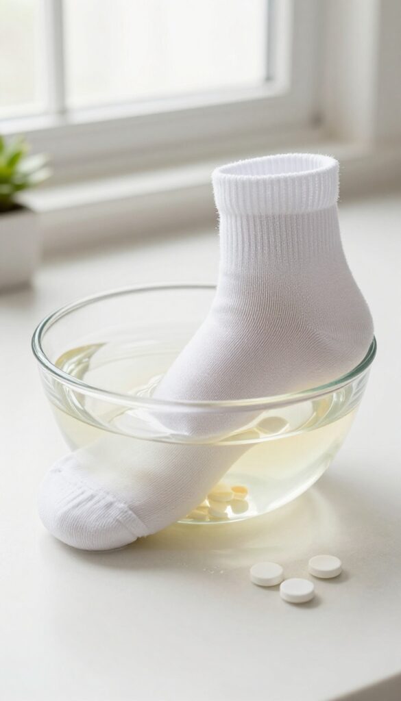 White sock soaking in warm water with dissolving aspirin tablets for stain removal