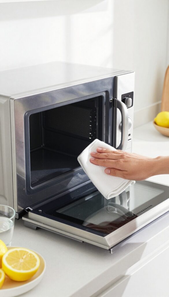 Person wiping a spill inside a clean microwave with a damp cloth, lemon and water bowl nearby