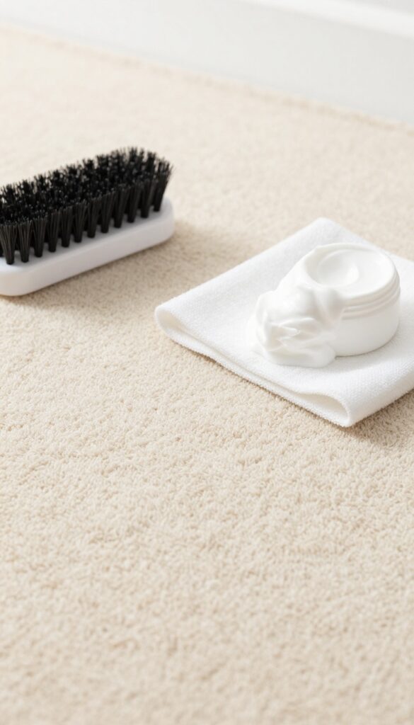 Shaving cream and brush on clean carpet for upholstery and carpet cleaning