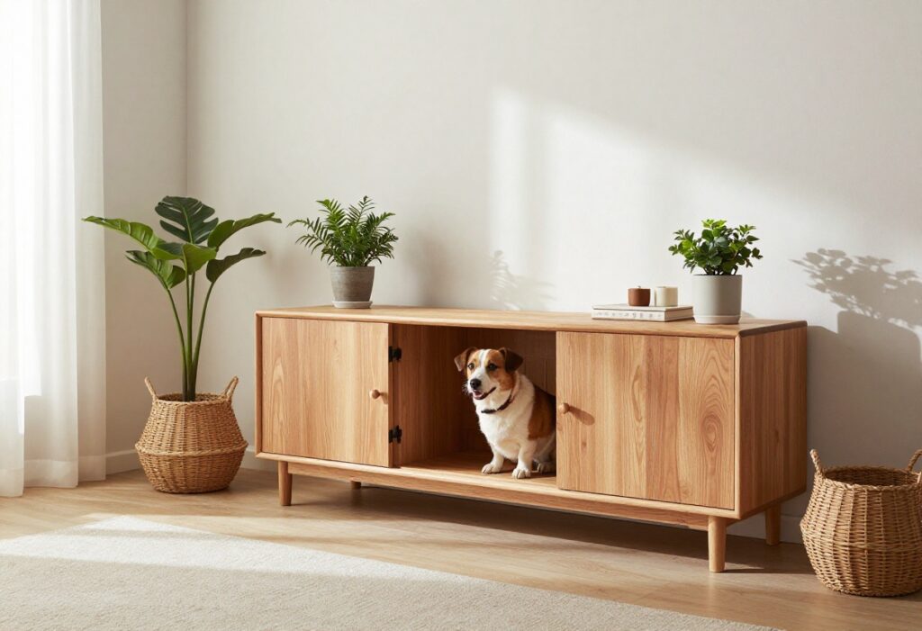 Dog crate cabinet in a tidy living room with a dog peeking out
