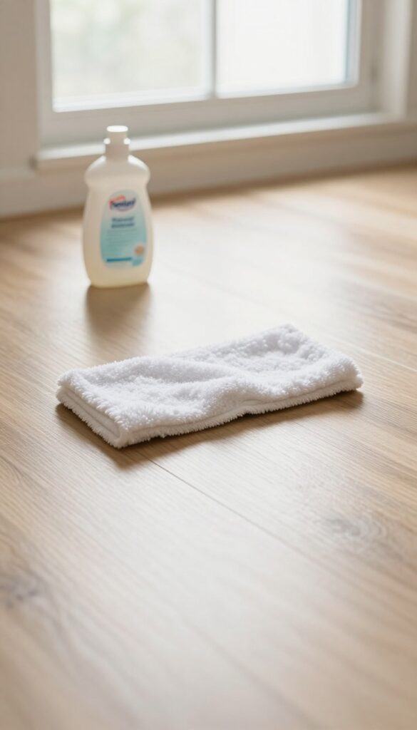 Mopping a laminate floor with baby oil for a polished shine