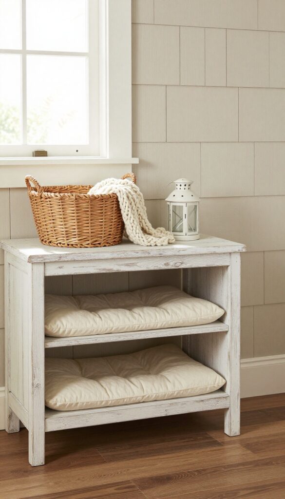 Rustic farmhouse bench with built-in dog bed in entryway
