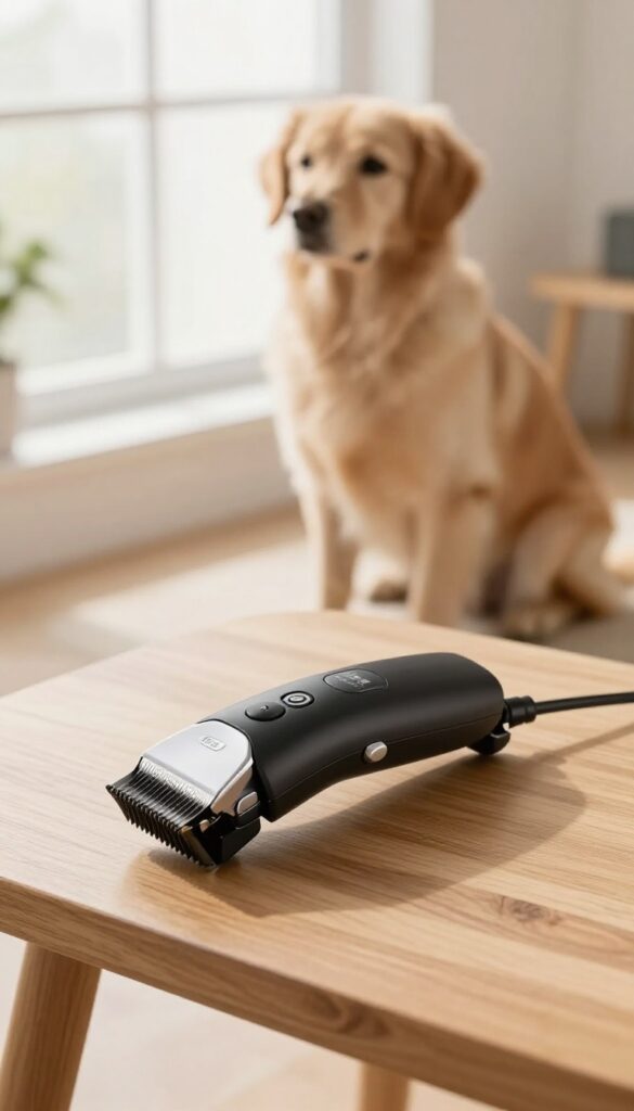 Wahl KM Cordless clipper on grooming table with spare battery and patient dog in background