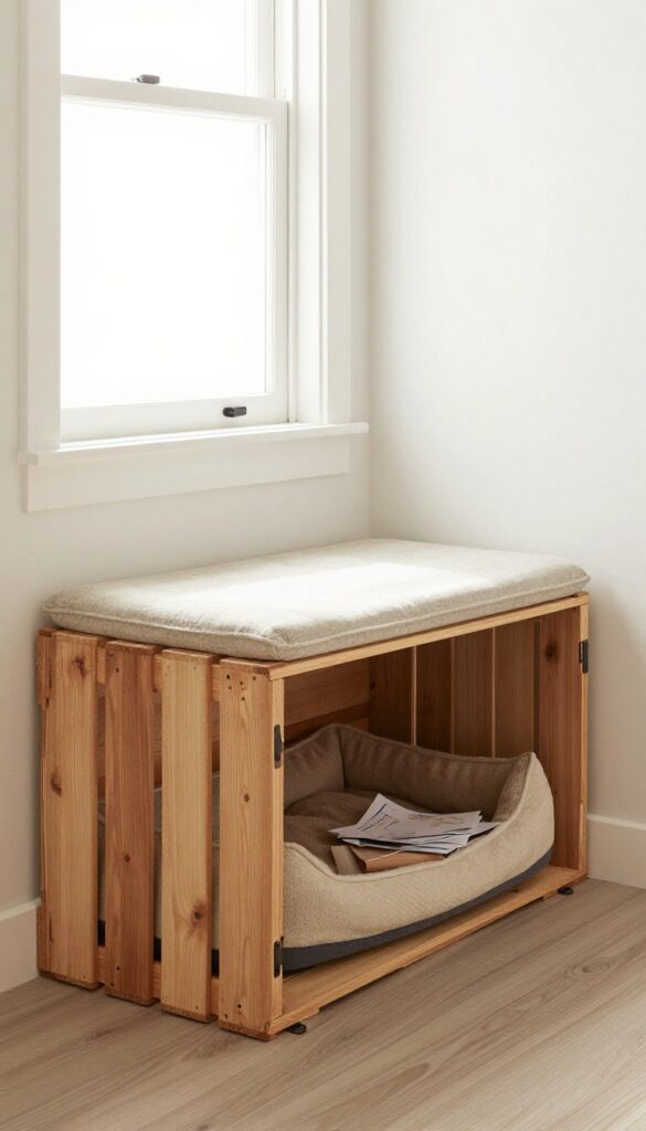 Wooden crate-end bench combo in a bright entryway with a dog bed inside the crate and a cushioned bench seat