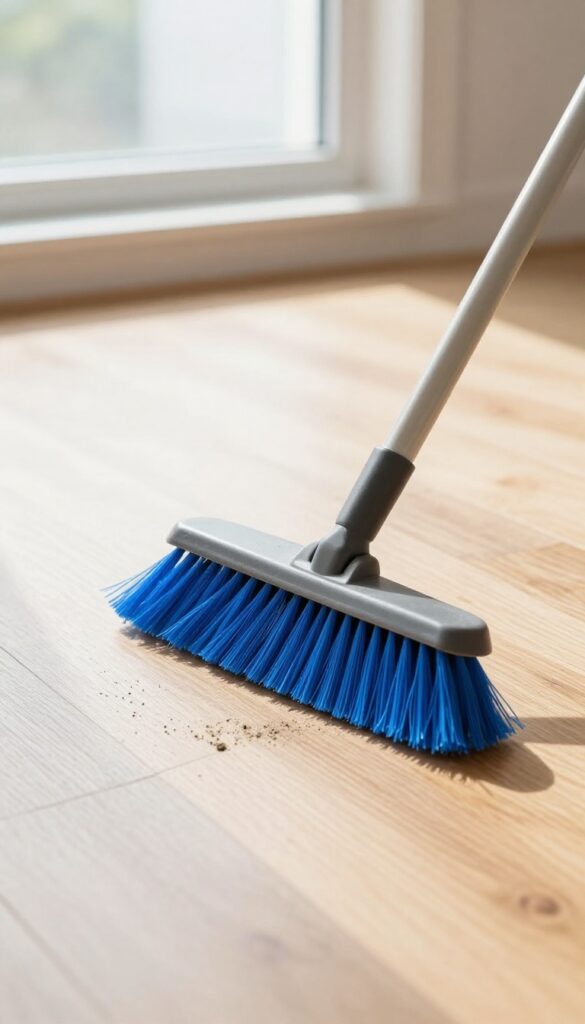 Person sweeping hardwood floor with microfiber broom, dust pile in center, bright natural light