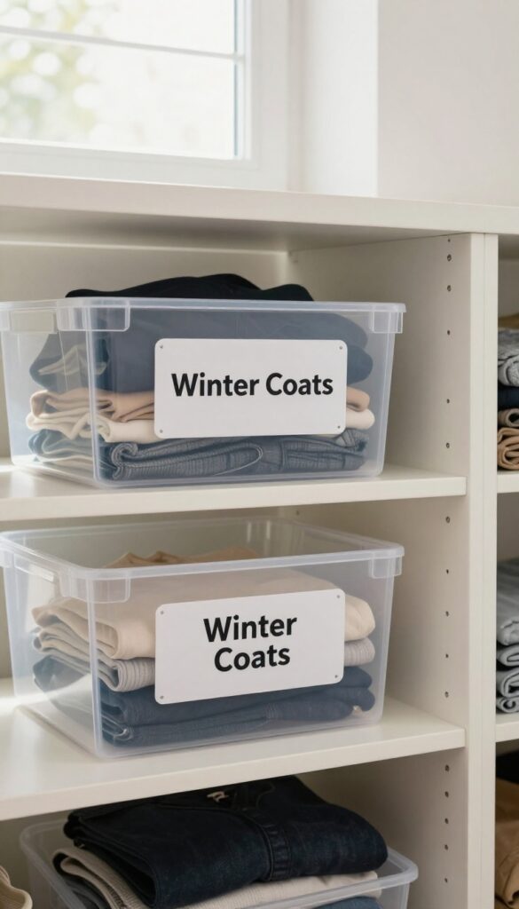 Clear labeled storage bin on a closet shelf with winter coats inside