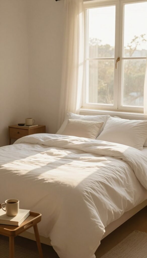 Neatly made bed in a sunlit bedroom with a tray on the nightstand, representing a morning tidy routine.
