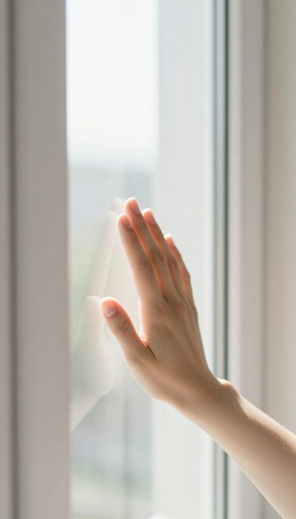 Hand reinstalling a clean window screen on a sunlit window, spotless glass, bright natural light