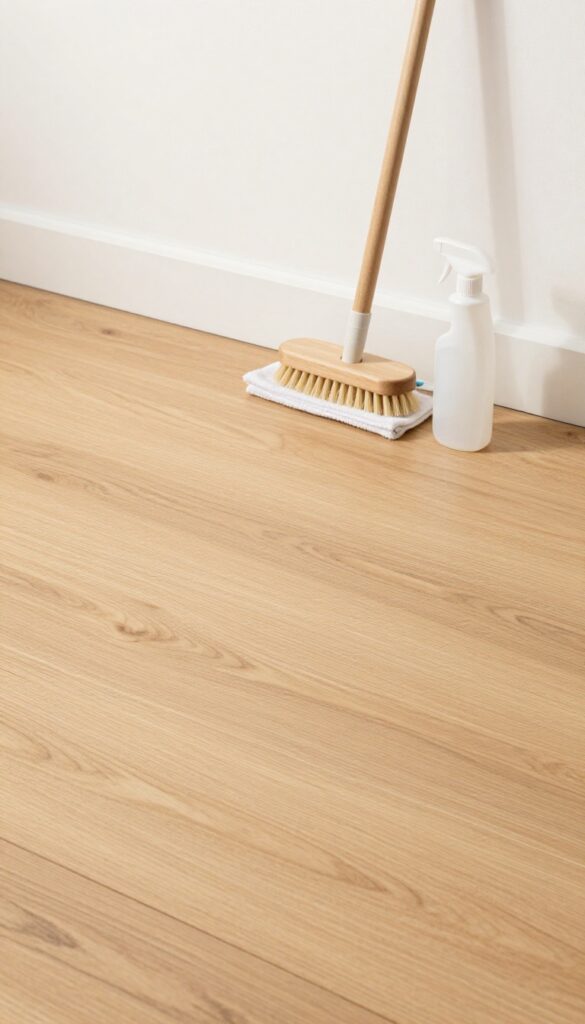 Clean hardwood floor with a wooden brush and a spray bottle of water-based cleaner, no residue or wax build-up