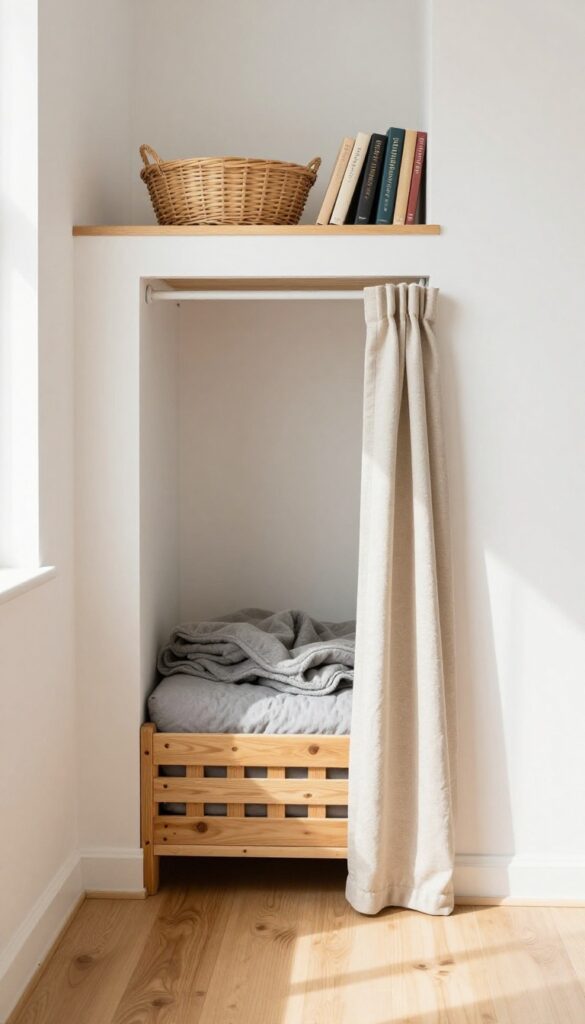 Dog crate hidden in a closet nook with curtain and shelf above