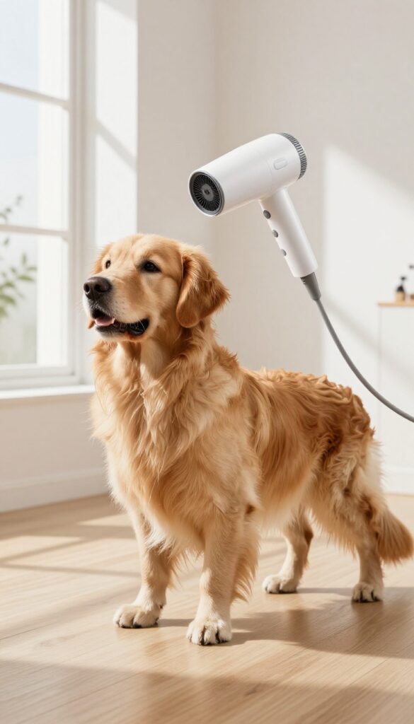 High-velocity dog dryer next to a Golden Retriever with a thick coat in a bright grooming space