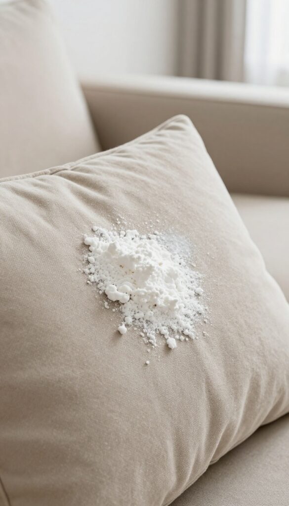 Cornstarch sprinkled on a grease stain on a beige microfiber sofa cushion, natural light, clean composition