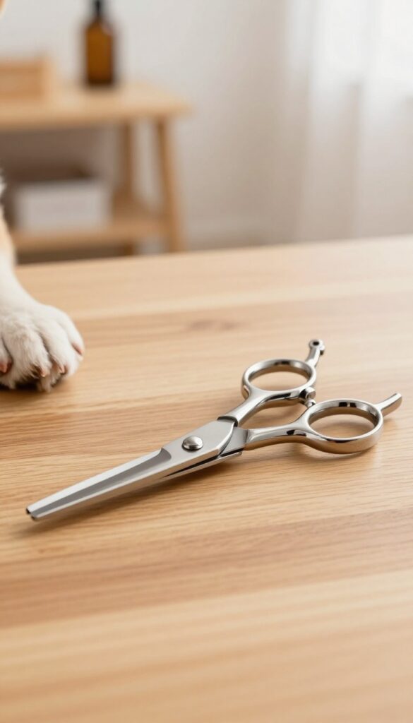 Stainless steel grooming shears on a wooden table next to a dog paw
