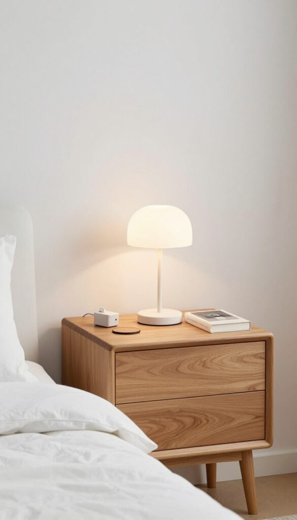 A tidy nightstand with a lamp, coaster, phone charger, and book in a bright, minimalist bedroom.