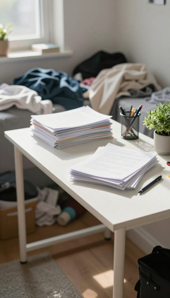 A clean, organized desk surface in a messy bedroom, serving as a landing zone for sorting items.