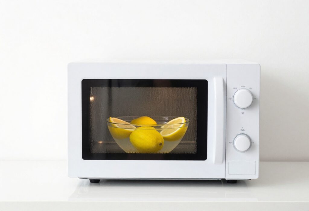 Clean microwave interior with a bowl of lemon water for steaming