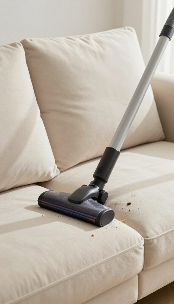 Vacuuming under sofa cushions to remove crumbs and pet hair