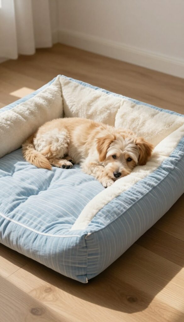 Reversible crib mattress dog bed with fleece and cotton sides, dog sleeping on fleece side