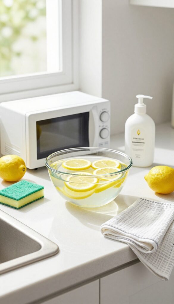Cleaning supplies arranged on a kitchen counter for microwave cleaning