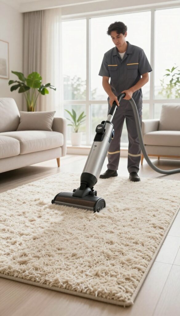 Professional deep cleaning of a wool rug with steam extraction machine in a bright living room