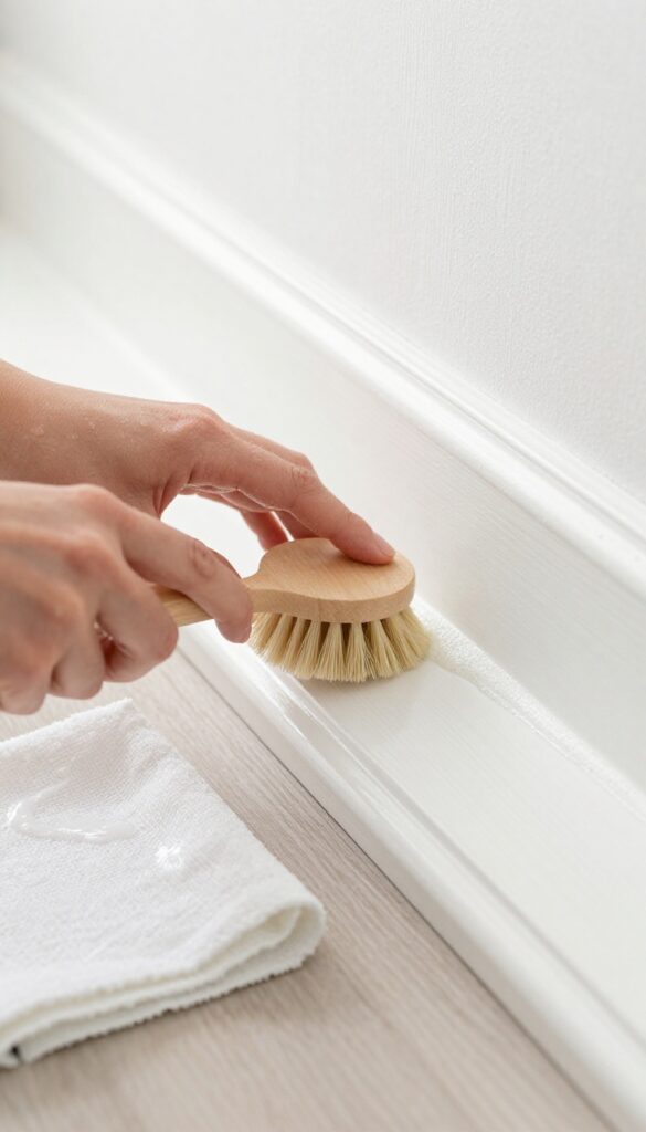 Person cleaning a white baseboard with a soft scrub brush and soapy water, with microfiber cloths nearby.