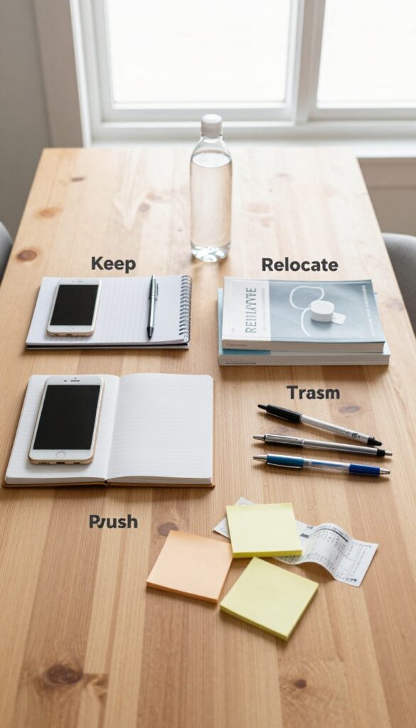 Three piles on a desk: keep, relocate, trash, for desk organization.