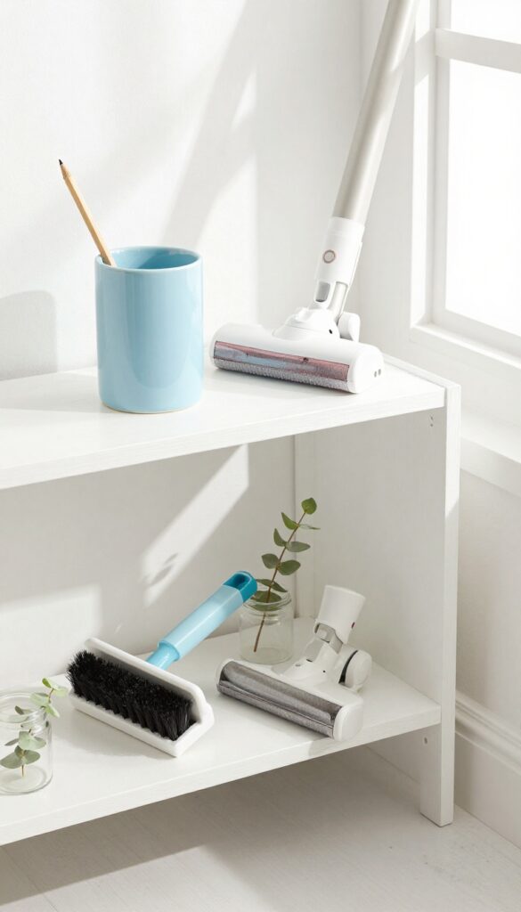 Ceramic pencil cup holding vacuum attachments upright on a shelf in a bright cleaning closet.