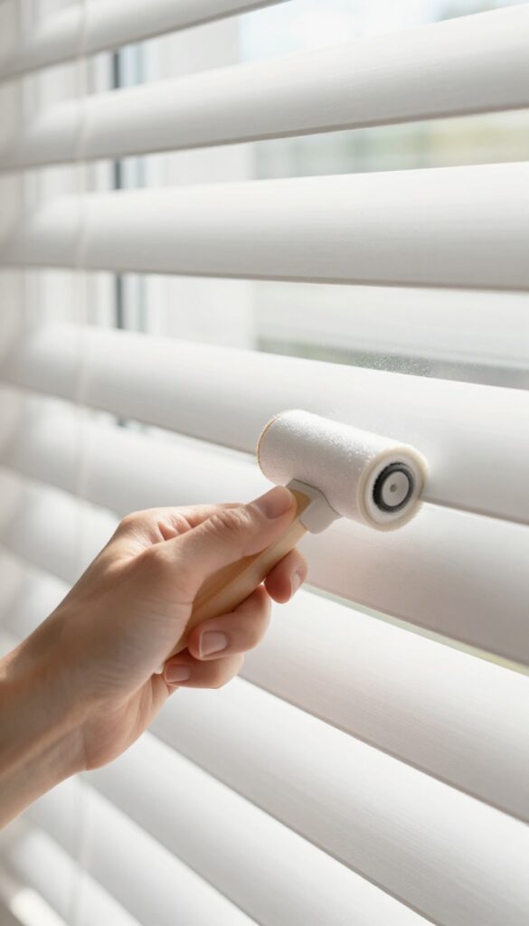 Person using a lint roller to clean dust and pet hair from horizontal blinds in bright natural light
