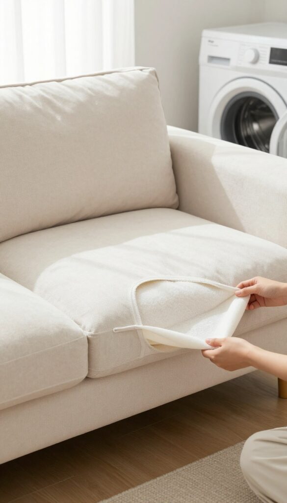 Hands removing a cushion cover from a sofa cushion near an open washing machine in a bright living room