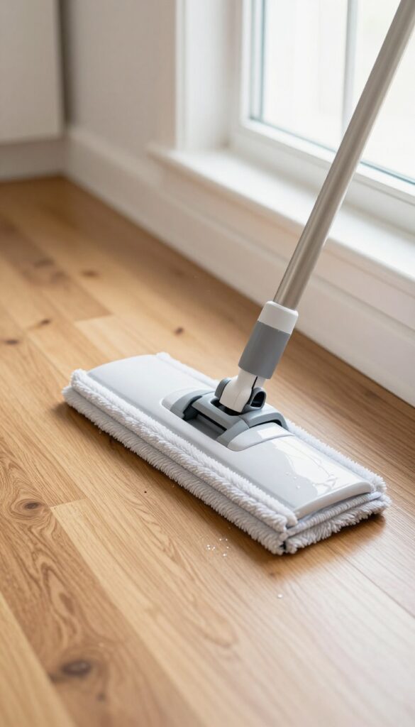 A Swiffer with a damp microfiber cloth cleaning a hardwood floor in bright natural light, capturing dust particles.