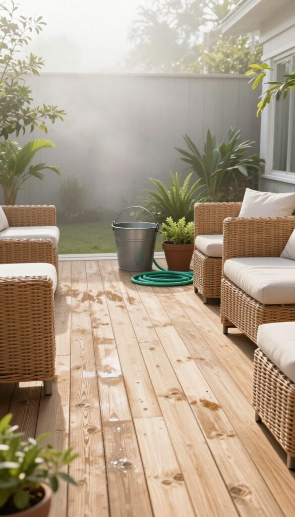 Clean outdoor patio with swept floor, wiped furniture, and fresh cushions