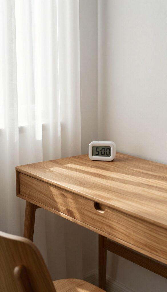 A clean desk with a timer set to five minutes in a bright, airy room