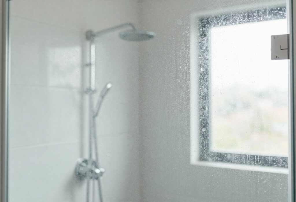 Sparkling clean glass shower door with water beading