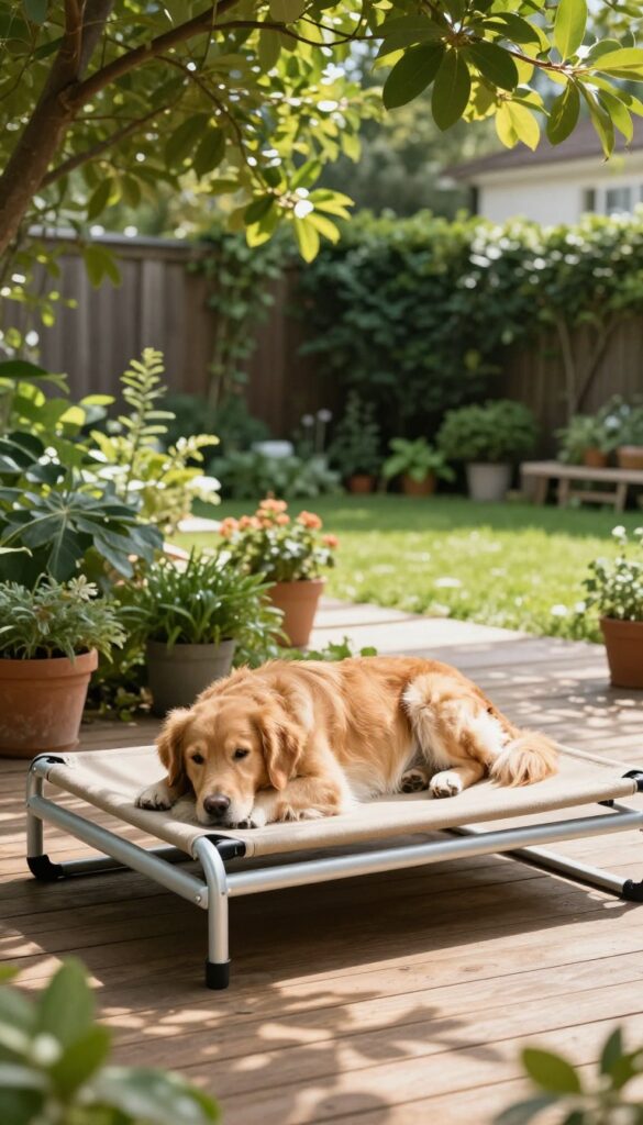 Golden retriever resting on a canvas folding dog bed in a shady backyard with dappled sunlight and greenery.
