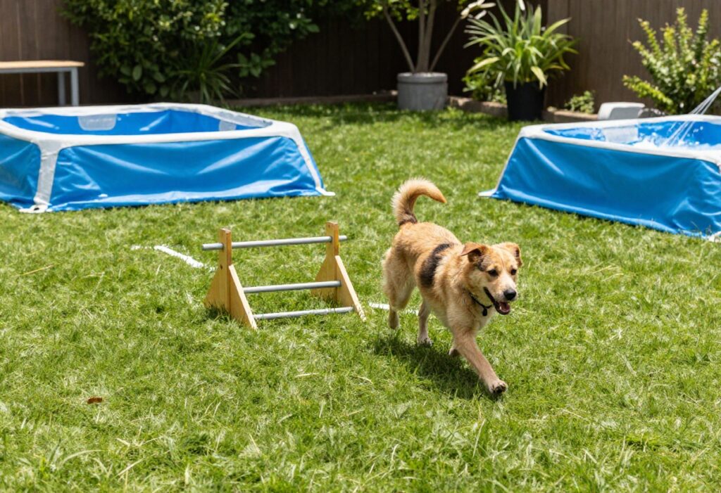 Active dog running through a backyard agility course with splash pool and shaded rest area