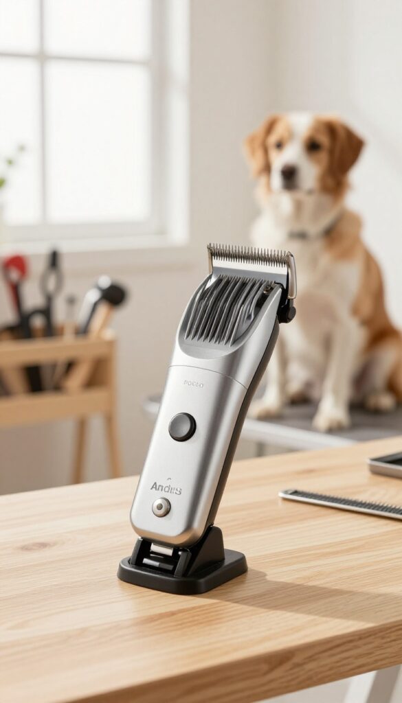 Andis ProClip AGC 2-Speed clipper on a grooming table with a dog in the background