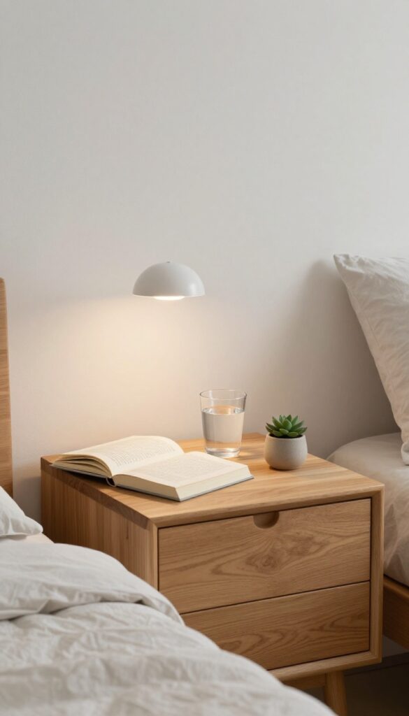 Minimalist nightstand with lamp, book, water glass, and small plant in a tidy bedroom