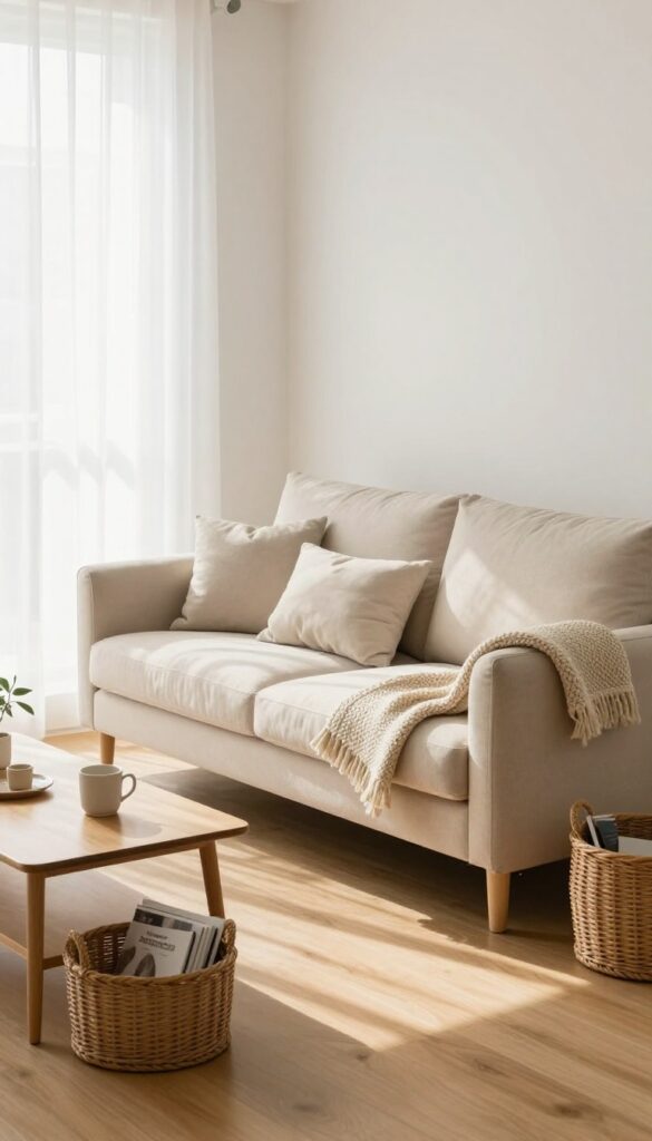 A clean and organized living room with a sofa, cushions, throw, coffee table, plant, and sunlight, ready for a 10-minute room reset.