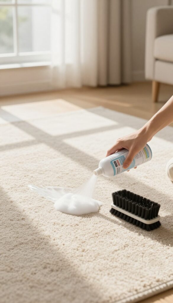 Foam carpet cleaner being applied to a beige carpet in a sunlit living room, with a brush nearby.