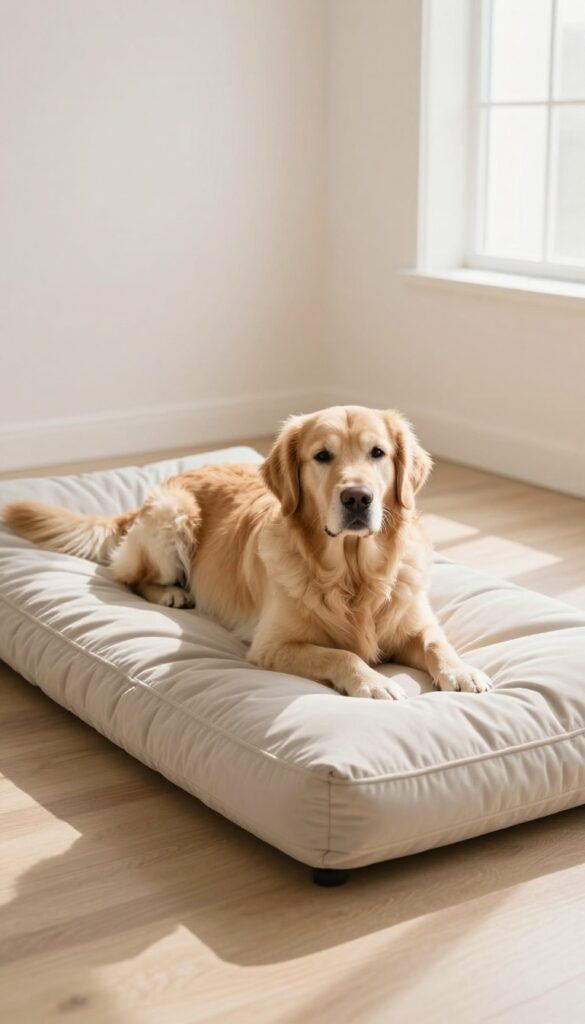 Memory foam mat inside dog crate for joint support, senior Golden Retriever resting comfortably