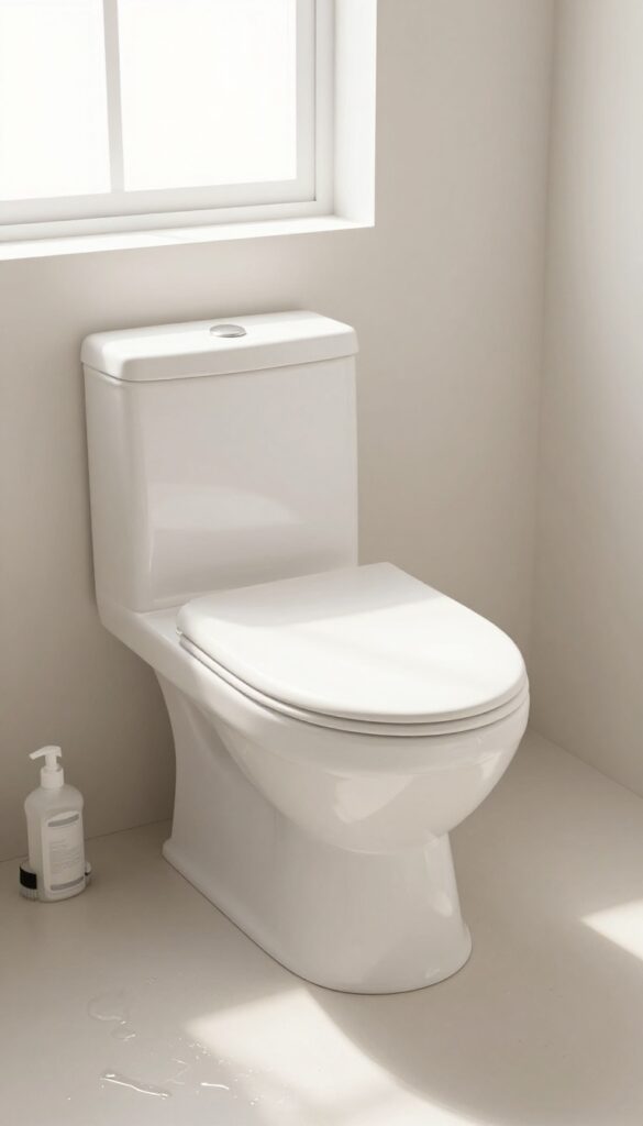 A clean white toilet and surrounding area in a bright bathroom, with cleaning supplies nearby.