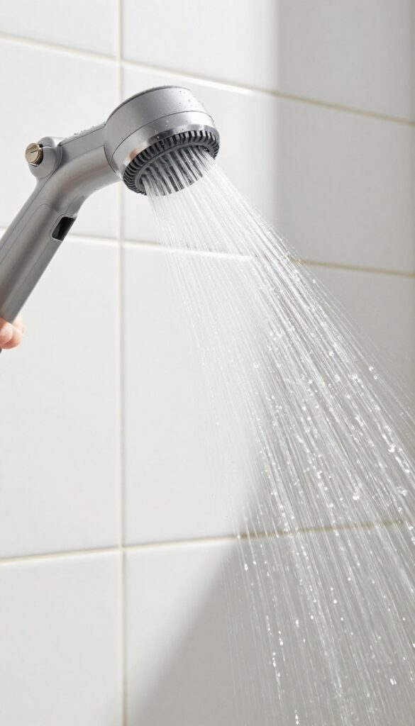 Pressure washer cleaning grout lines on outdoor shower tile