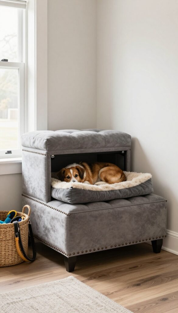 Storage ottoman bench with hidden dog bed inside, styled in a bright entryway with natural light
